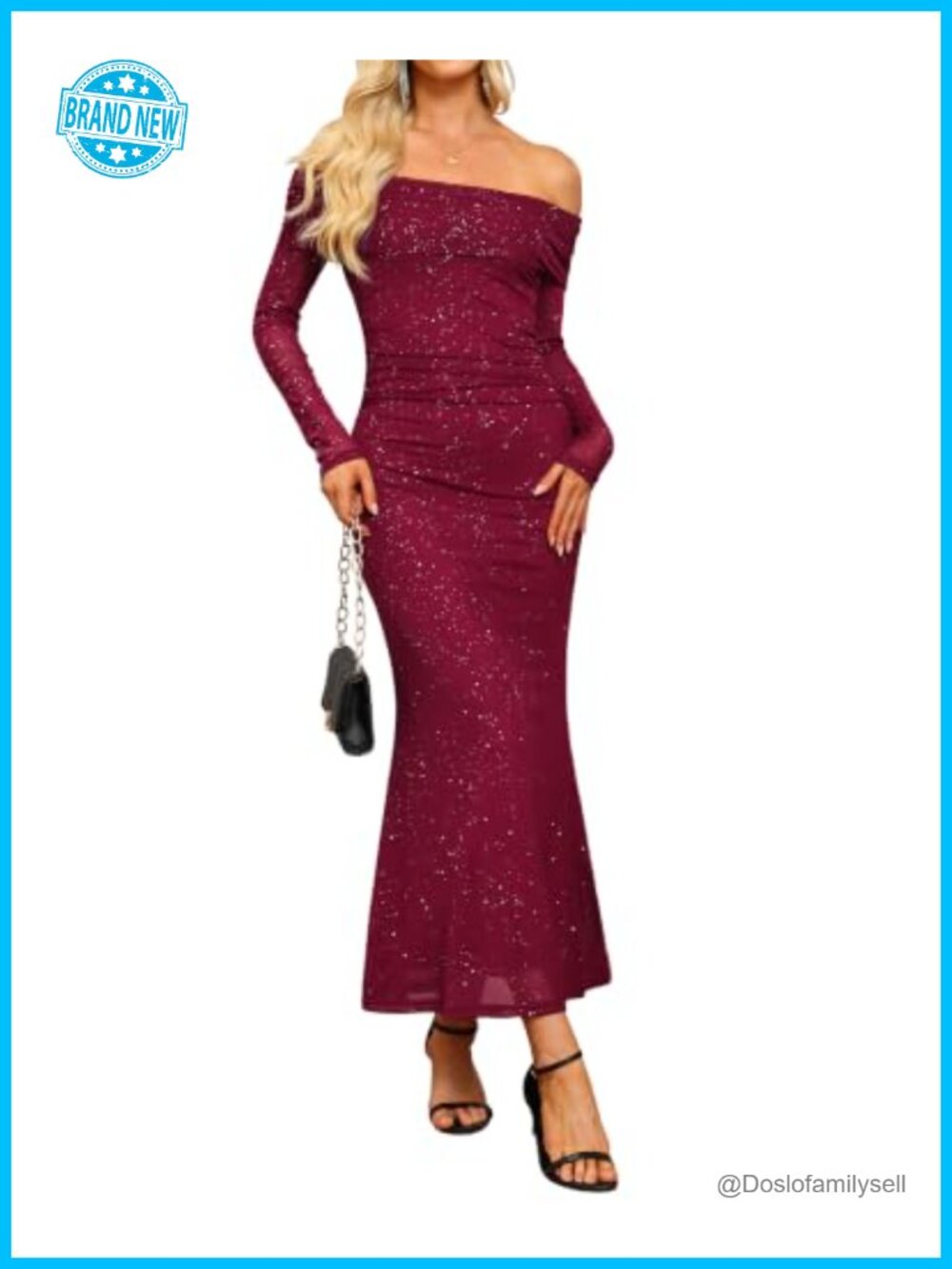 Off Shoulder Long Sleeve Maxi Dress Sequined Mesh Bodycon Formal
